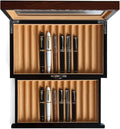 Wood Fountain Pen Case, 24 Slot Storage Organizer with Drawer, Glass Top Display Box for Collection