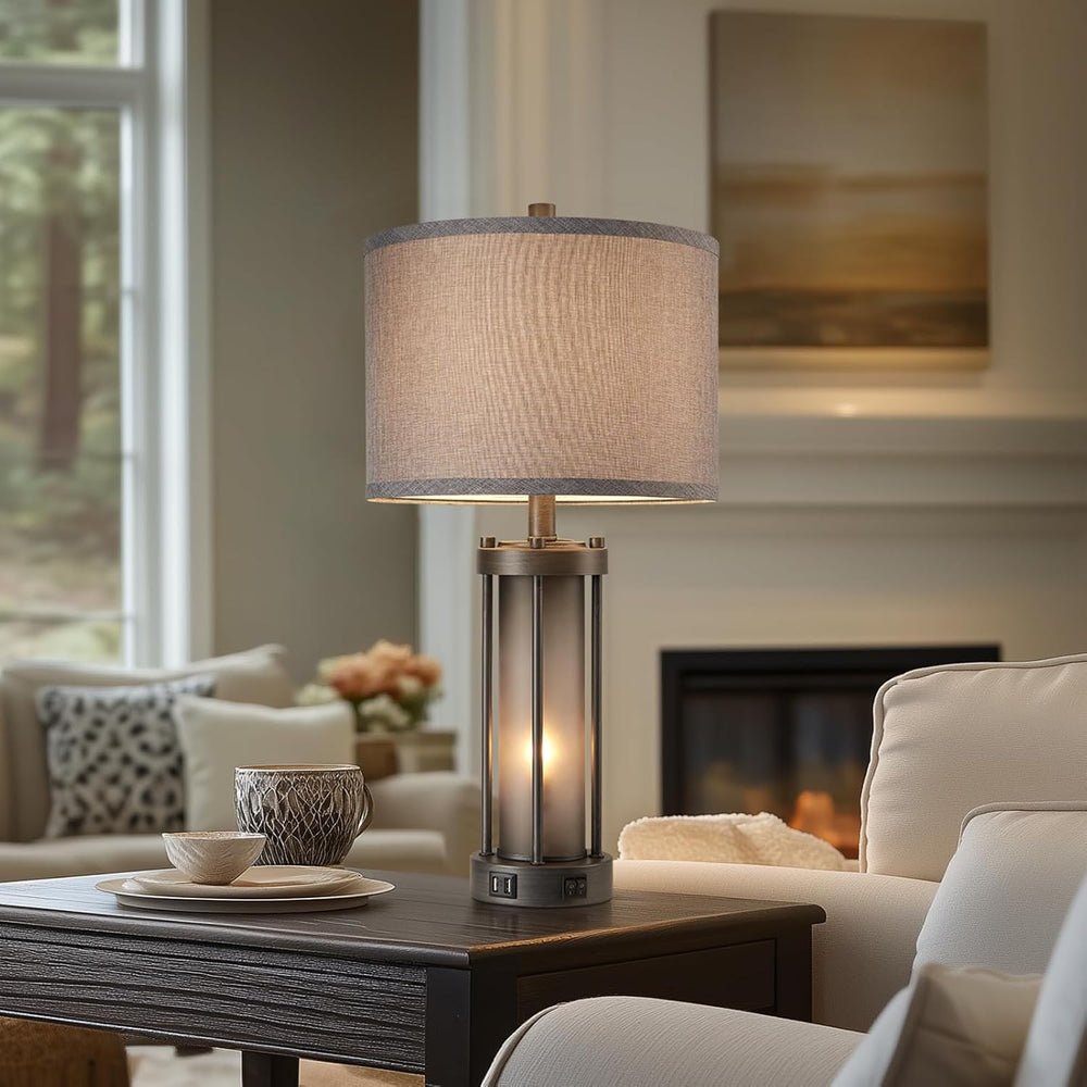RORIA Set of 2 Rustic Table Lamps for Living Room with 2 USB Ports