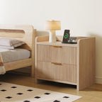 Fluted Nightstand Set of 2, 23.6" Night Stand with Charging Station,Modern Side Table with 2 Drawers,Bedside Table for Bedroom,Living Room,Natural Oak