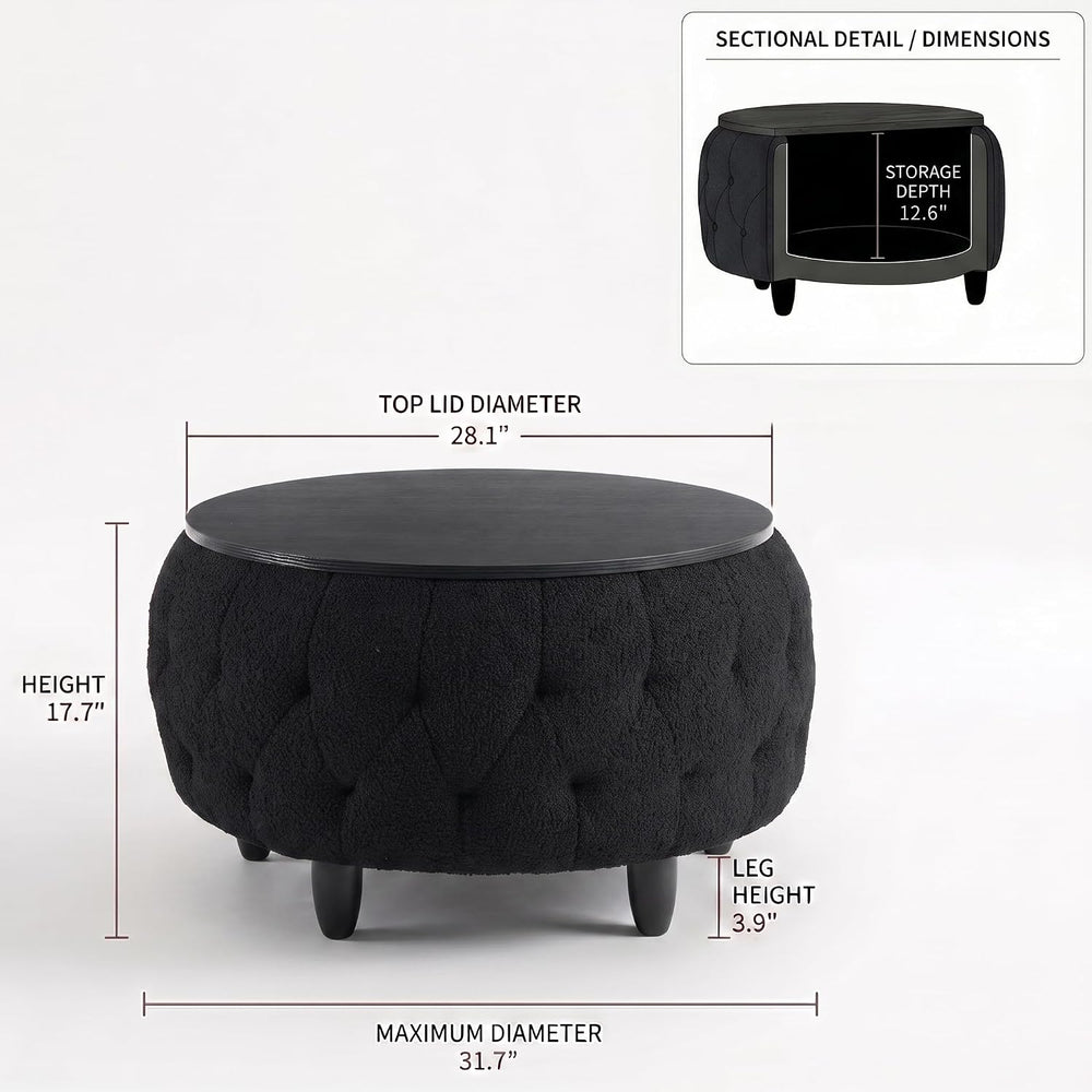 Large Round Storage Ottoman Coffee Table with Wooden Tabletop, 32 Inches Tedd...