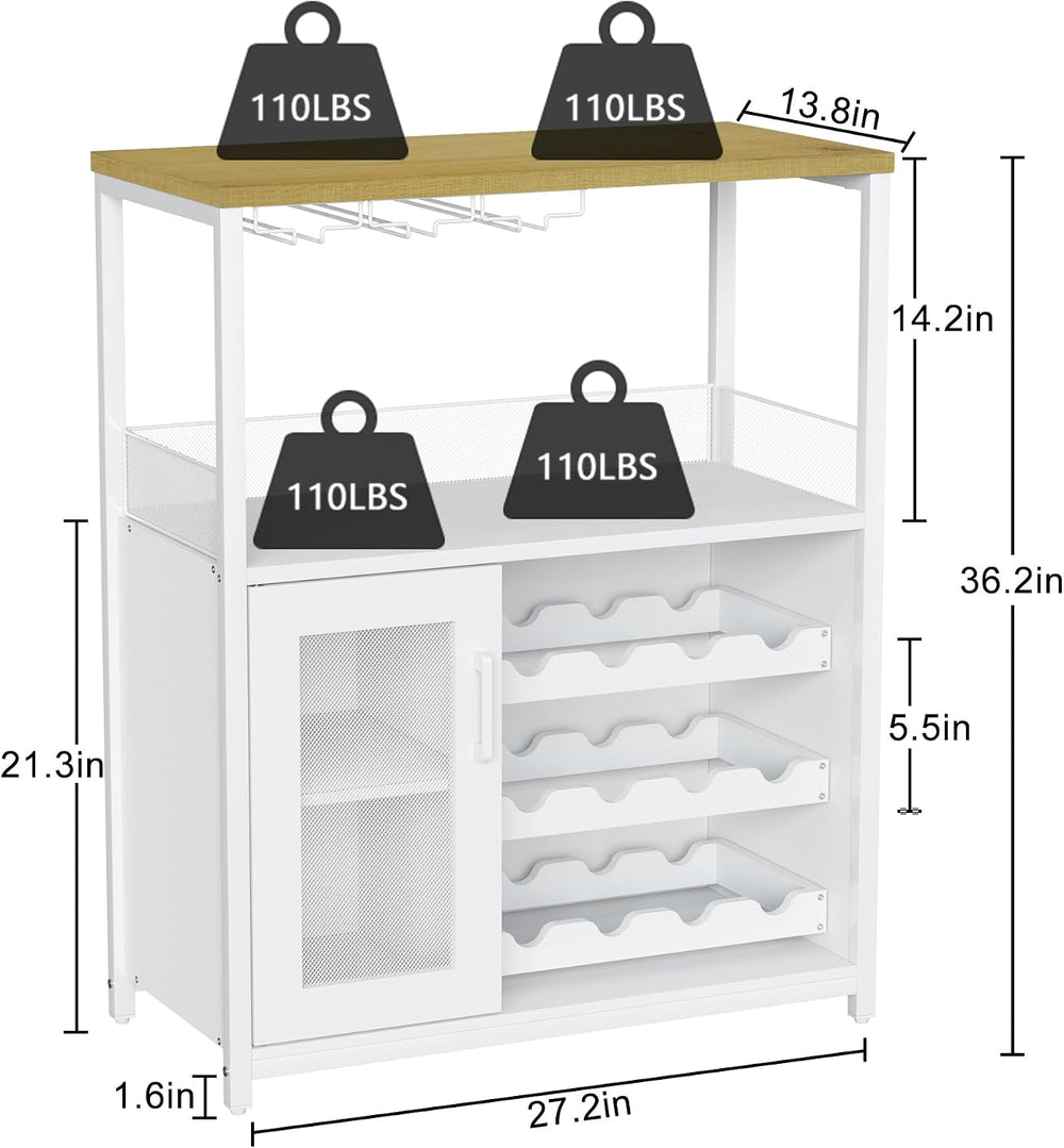 GAOMON Modern 36" White Wine Bar Cabinet with Mesh Door, Adjustable Glas...
