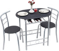 VECELO 3 Piece Wood Round Table & Chair Set for Dining Room Kitchen Bar Breakfast, with Wine Storage Rack, Space Saving, Black