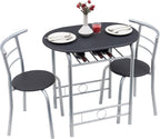 VECELO 3 Piece Wood Round Table & Chair Set for Dining Room Kitchen Bar Breakfast, with Wine Storage Rack, Space Saving, Black