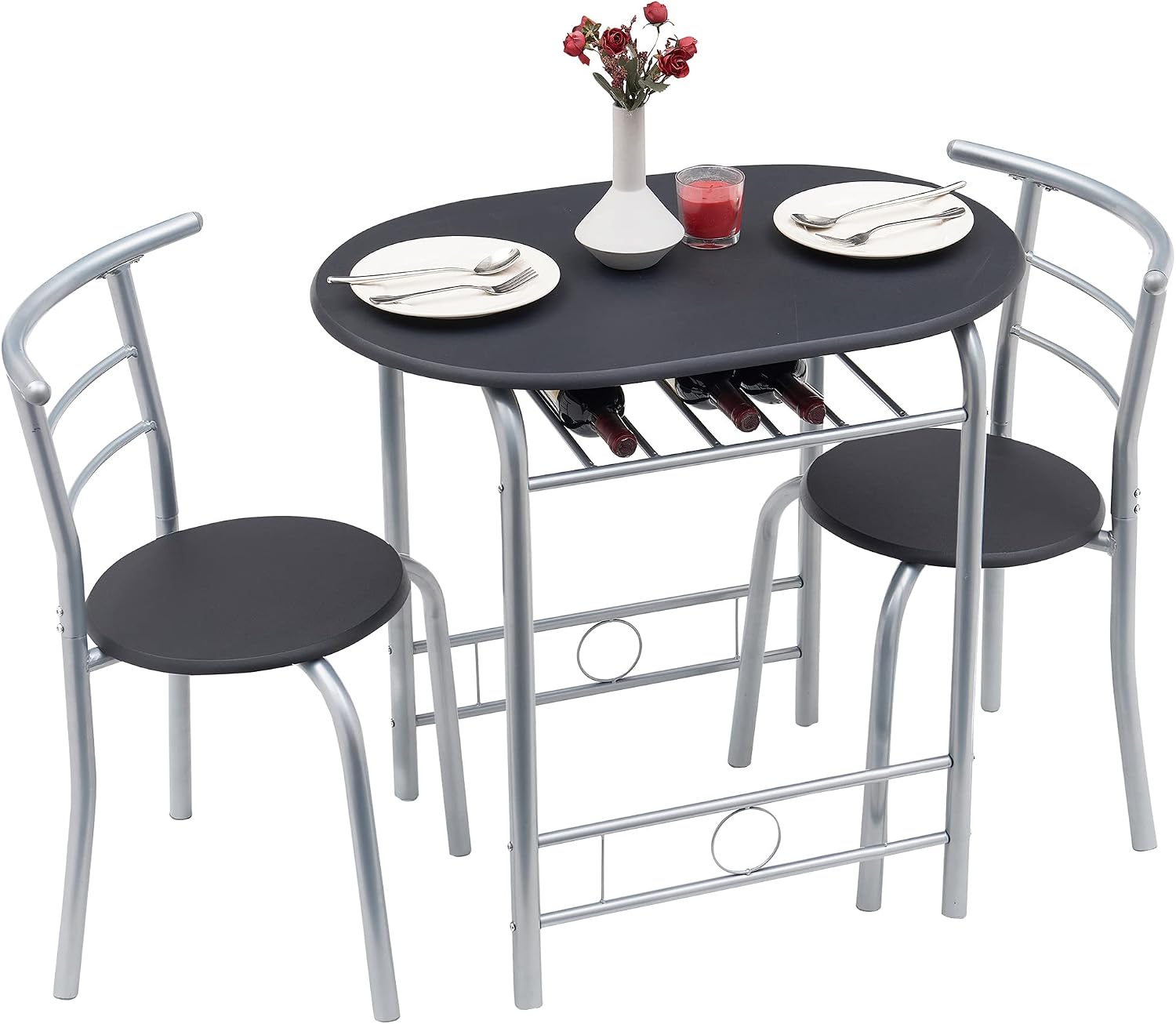 VECELO 3 Piece Wood Round Table & Chair Set for Dining Room Kitchen Bar Breakfast, with Wine Storage Rack, Space Saving, Black