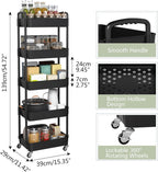 Sywhitta 5-Tier Plastic Rolling Utility Cart with Handle, Multi-Functional Storage Trolley for Office, Living Room, Kitchen, Movable Storage Organizer with Wheels, Black