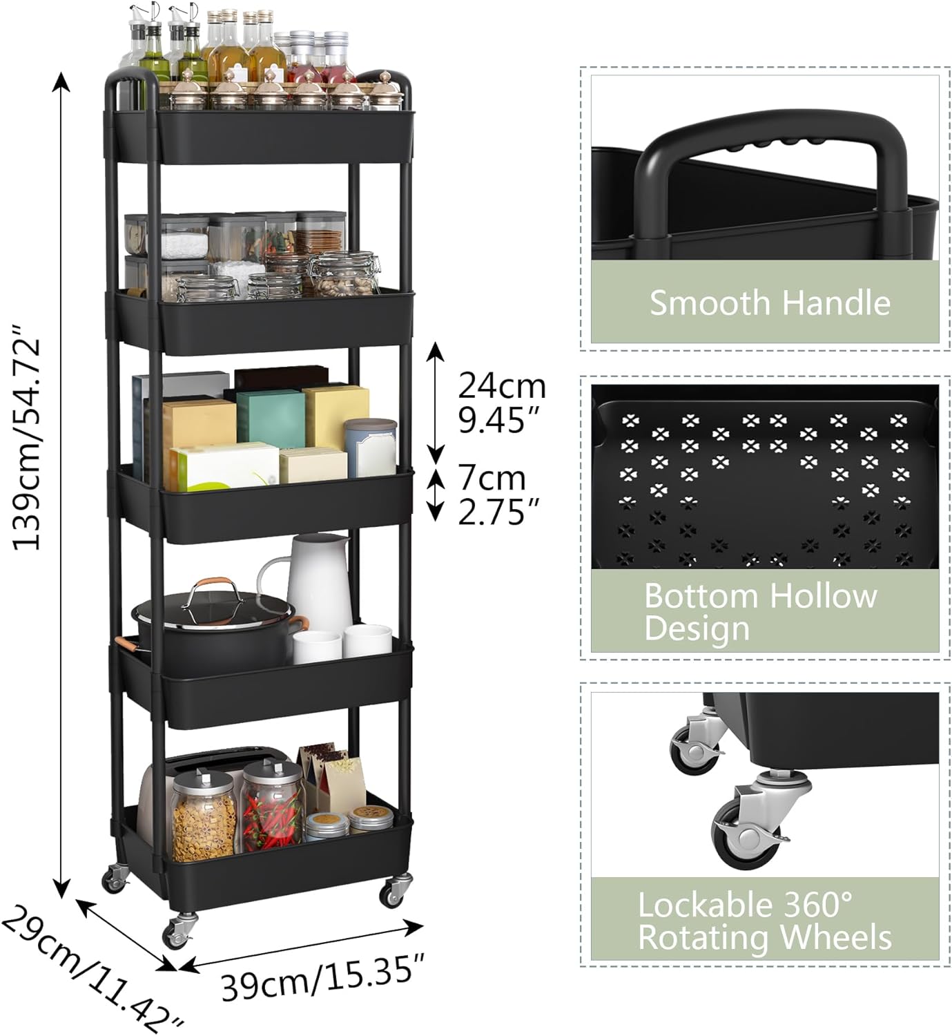Sywhitta 5-Tier Plastic Rolling Utility Cart with Handle, Multi-Functional Storage Trolley for Office, Living Room, Kitchen, Movable Storage Organizer with Wheels, Black