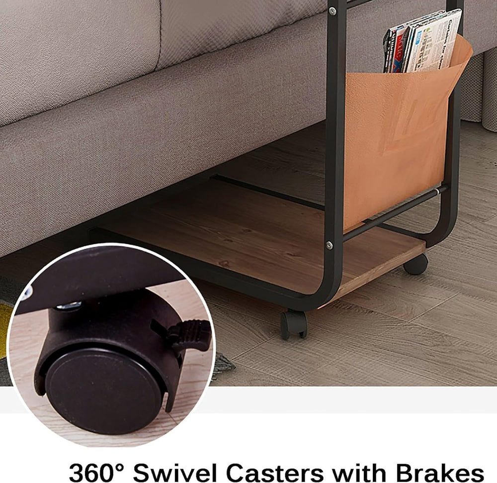 C Shaped End Table with 4 Wheels Side Table Portable Coffee Table Save Space ...
