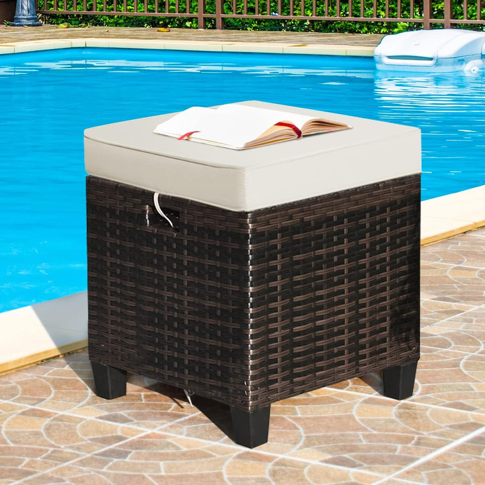 Set of 2 Outdoor Wicker Ottomans, All Weather Rattan Patio Footstool w/Remova...