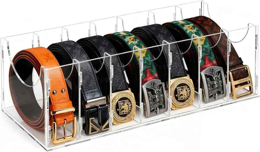 ECOSEAO Clear Acrylic 7 Compartment Belt Organizer, Adjustable DIY Divider Dustproof Belt Storage Box, Closet Holder for Men Belts Ties Jewelry Accessories (7 Ties)