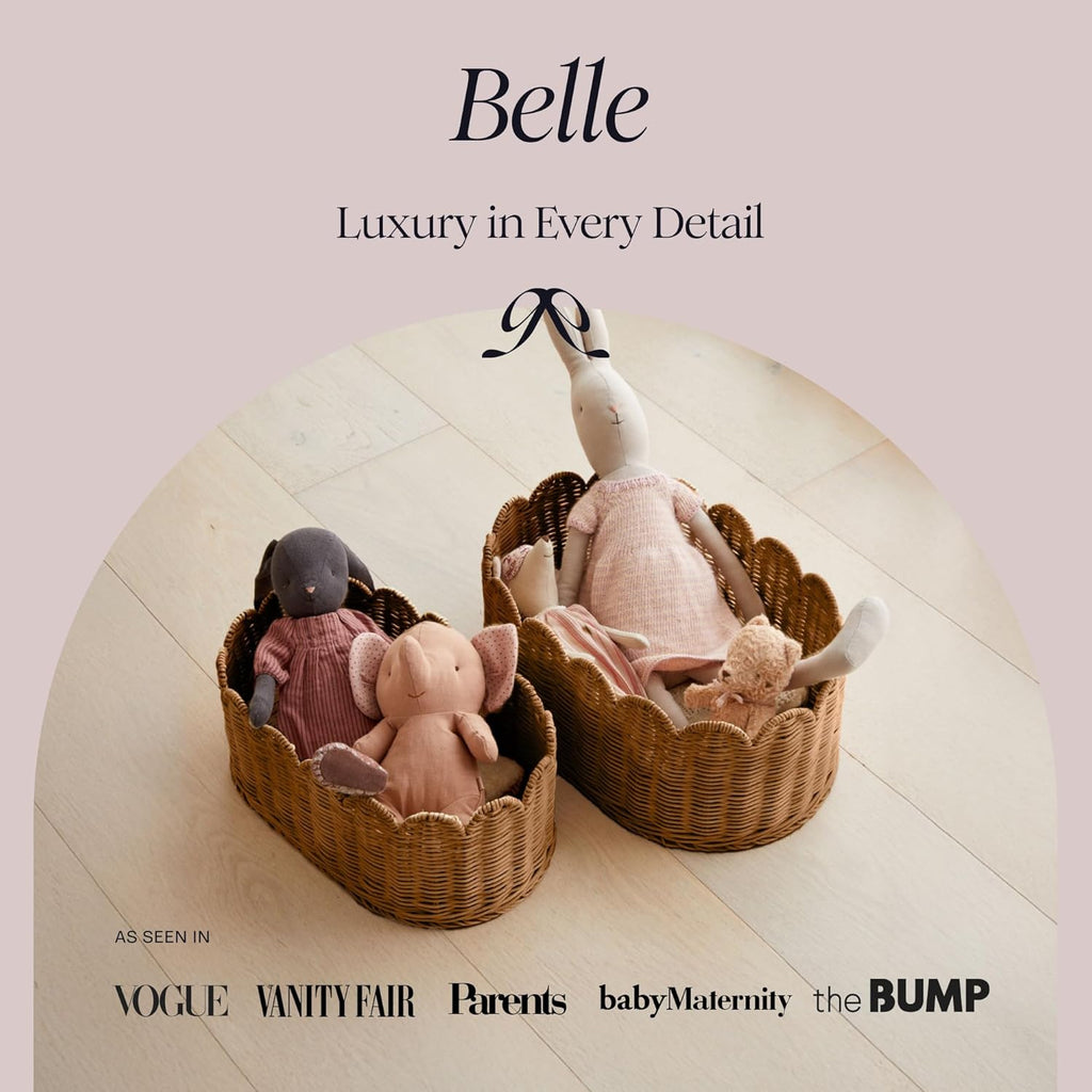 BEBE BASK Premium Scalloped Basket Set of 2 (16x10x7 In) - Storage Baskets | Handwoven Rattan, Scallop Basket, Wicker Basket With Scalloped Edge, Nursery Storage, Set of 2, Mocca