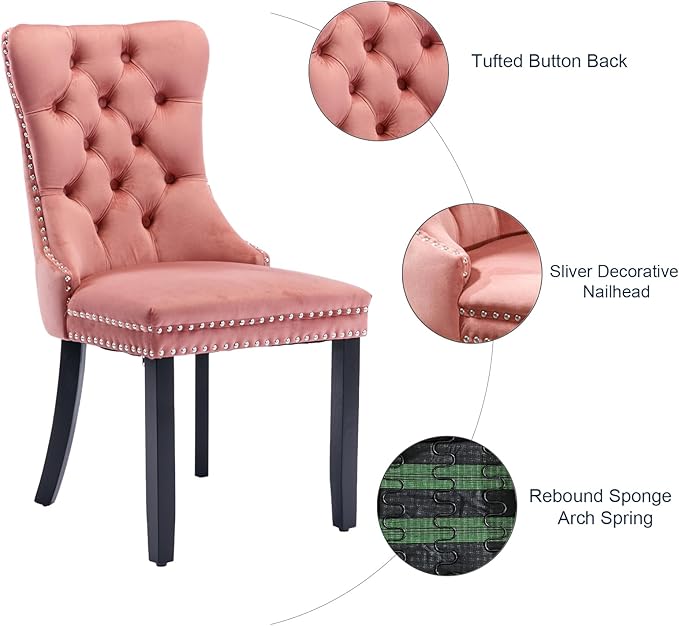Pink Velvet Kitchen Chairs Set of 6, Tufted Upholstered Dining Room Chairs with Back Ring Pull, Nailhead Trim and Solid Wood Legs, Modern Dining Chairs for Dining Room, Kitchen,Pink