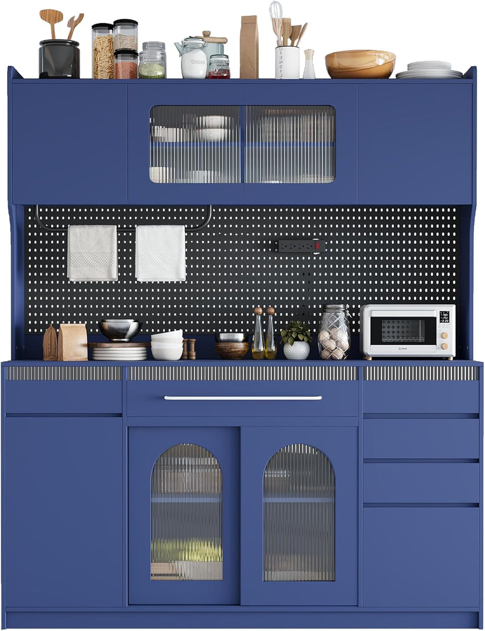 Merax Freestanding 63" W Buffet with Hutch, Large Coffee Bar Storage Cab...