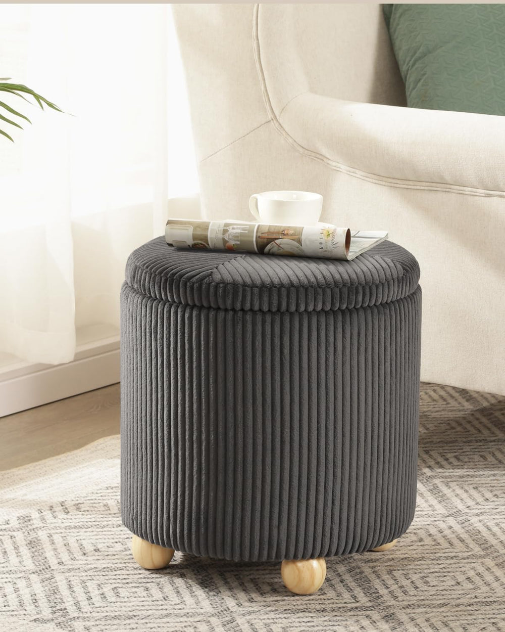 Adeco Velvet Storage Ottoman, Round Upholstered Vanity Stool for Makeup, 15.4...