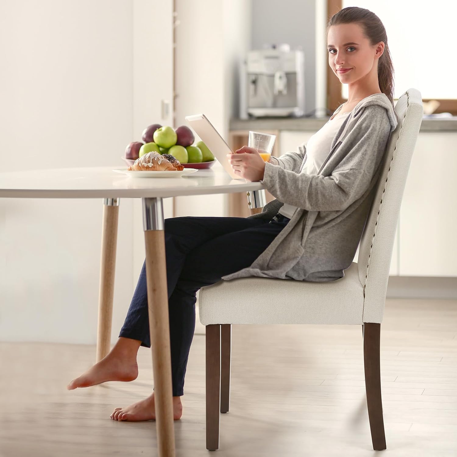 DUMOS Dining Chairs Set of 2, Fabric Kitchen Chairs for Living Room, Beige | Farmhouse, Upholstered, Wooden Legs, Padded Seat, High Back, Armless, Modern Accent, Dining Room, Restaurant