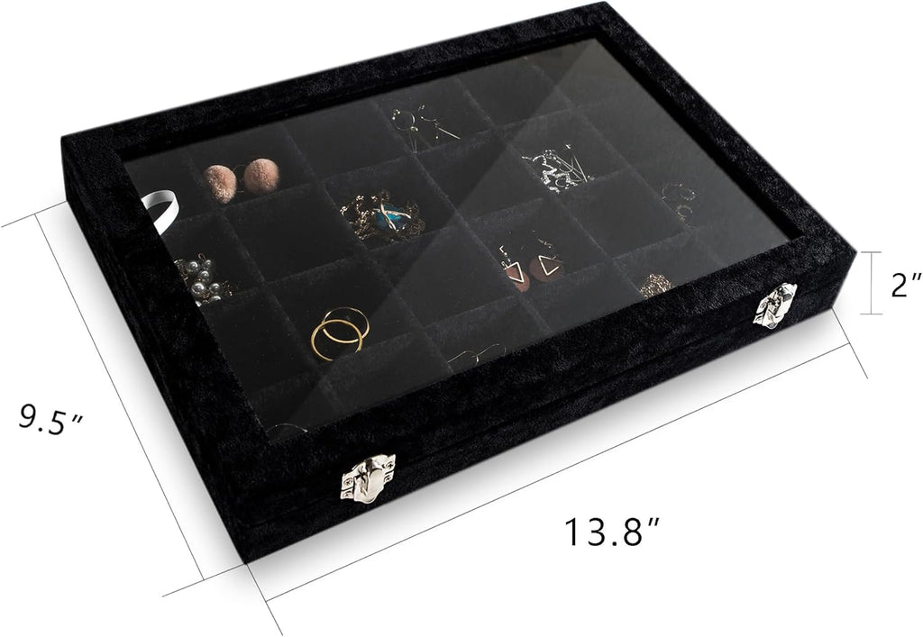 Frebeauty 24 Grid Earring Holder Organizer Tray, Jewelry Organizers and Storage for Drawer,Velvet Jewelry Display Storage for Earrings,Rings,Studs,10.5 x 6.5 x 1.2 Inches Gift for Women (Black)