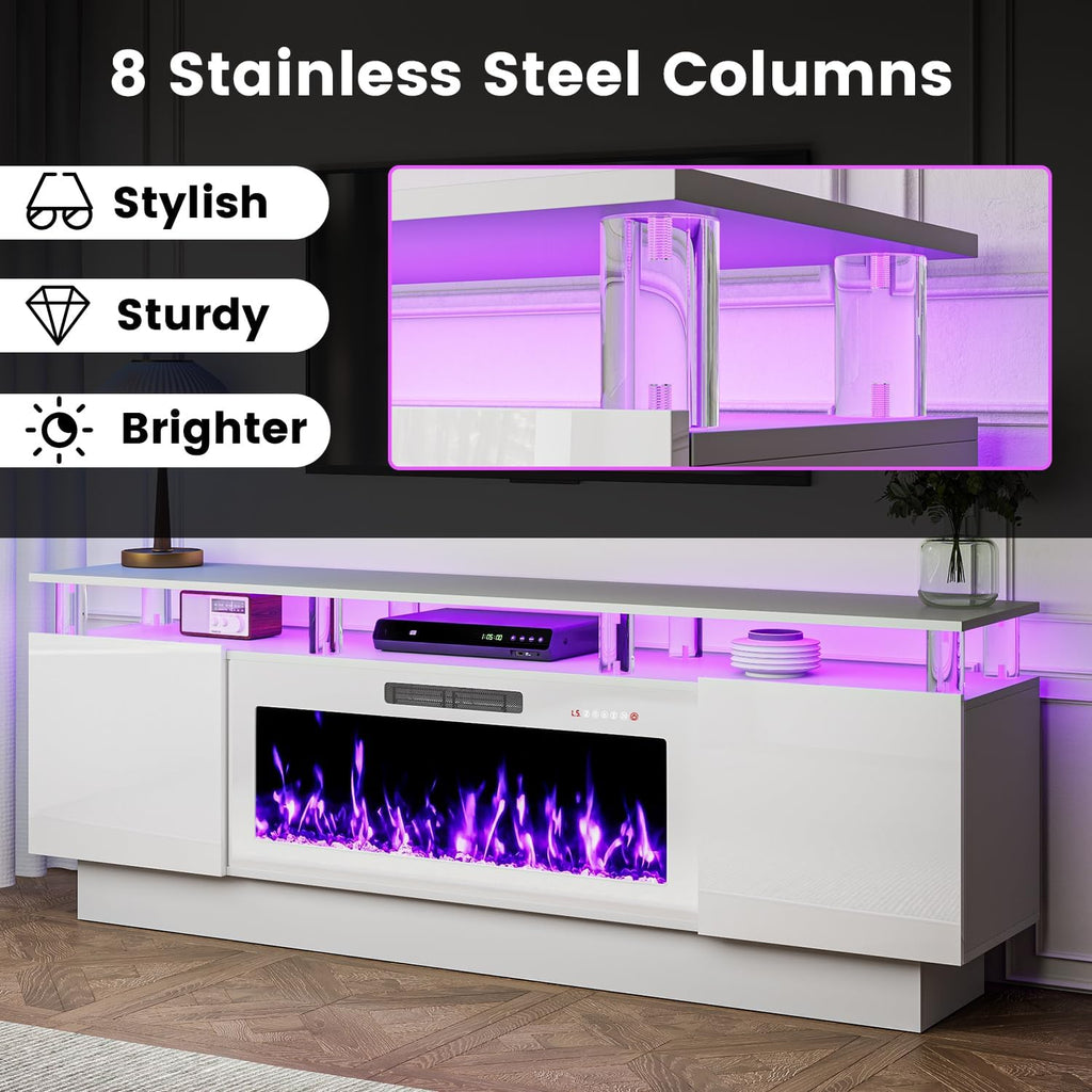 Fireplace TV Stand with White Fireplace, 70 Inch White Fire Place TV Stands for Living Room, Modern Electric Fireplace TV Stand with Cabinets & Acrylic Columns, Entertainment Center for TVs Up to 80"