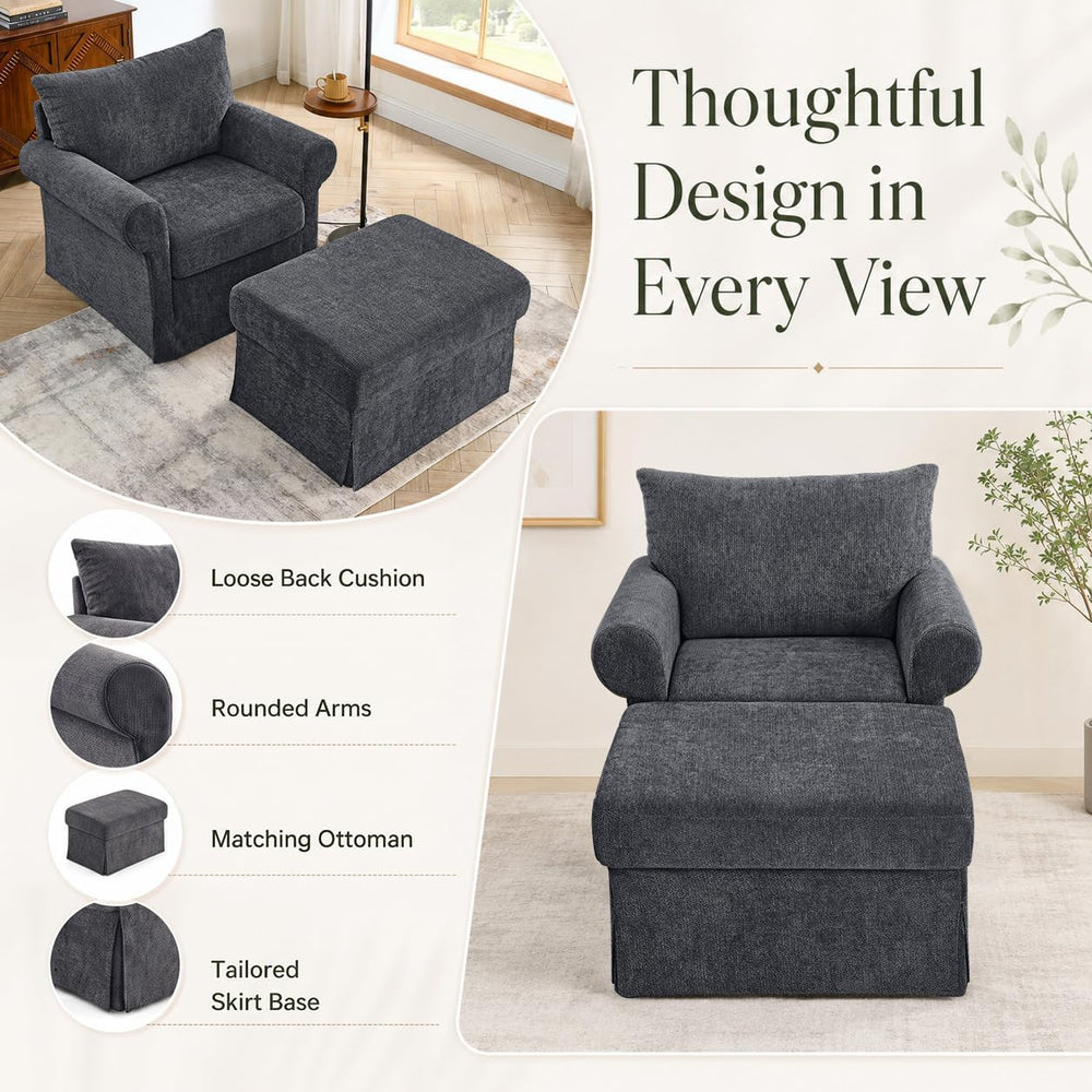 35.82" Oversized Accent Chair with Ottoman, Chenille Armchair, Gray | Ac...