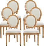 Nrizc French Dining Chairs Set of 6, French Country Dining Chair, Vintage Farmhouse Dining Chairs with Round Back, Solid Wood Beige Fabric Dining Room Chairs, for Kitchen, Bedroom, Dining Room