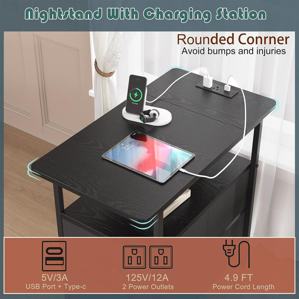 sthmec End Table with Charging Station, Narrow Side Table with 2 Drawers, LED...