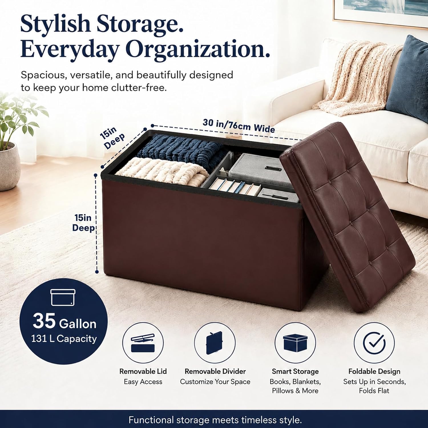 ALASDO 30 Inch Folding Storage Ottoman Bench with Hidden Storage, PU Leather Ottoman Foot Rest Stool, End of Bed Bench for Bedroom, Living Room, Entryway and Closet, Brown