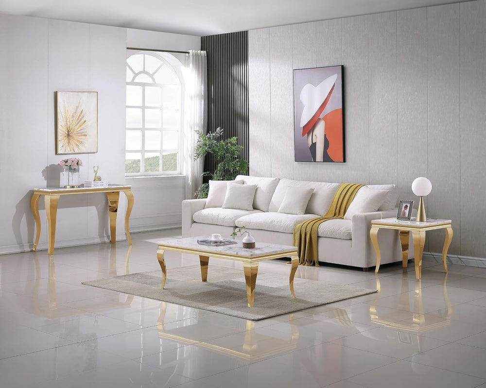 3 Piece Living Room Table Set, White Marble Coffee Table Set of 3, Modern Cof...