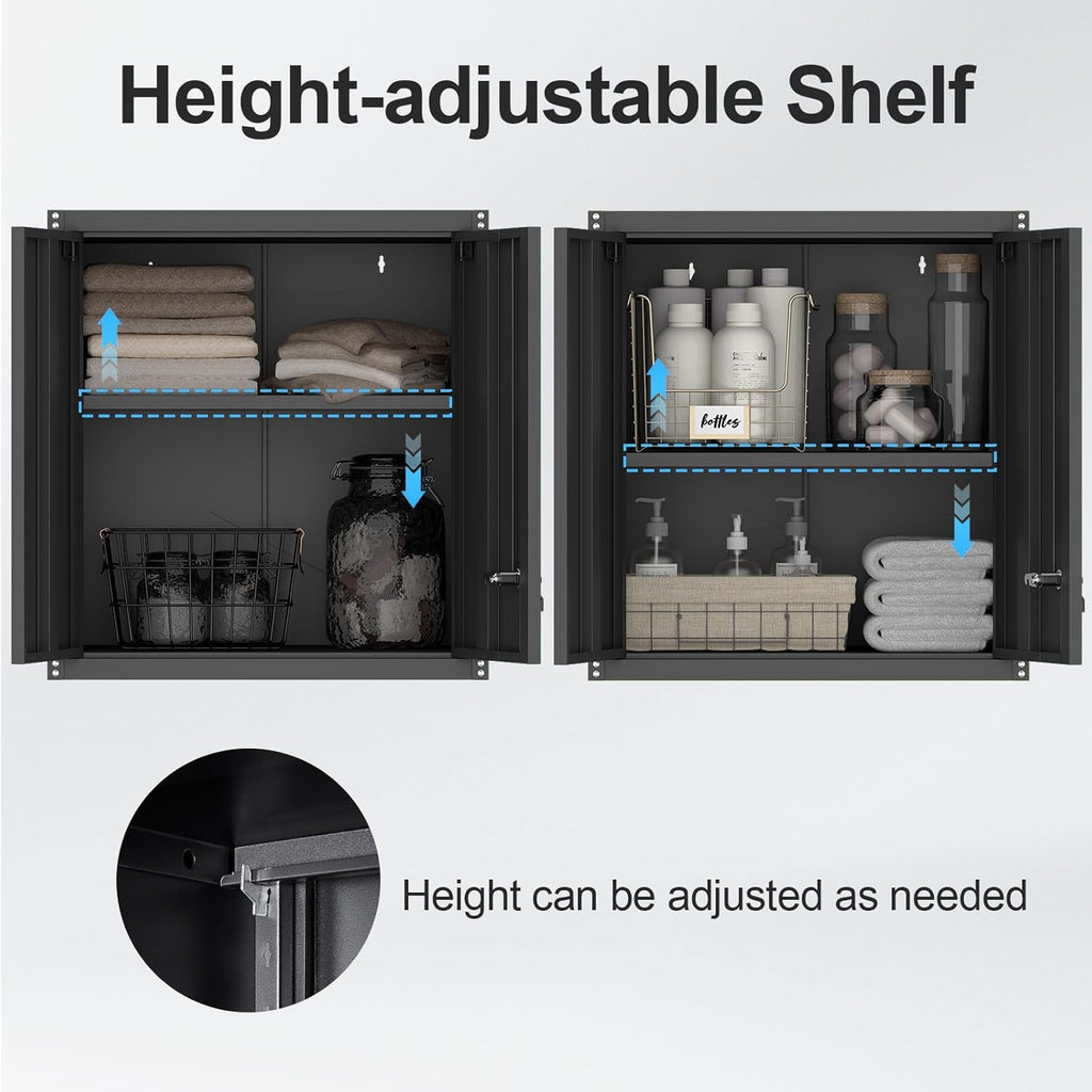 Steel Wall Cabinet, Metal Locking Wall Cabinet, Wall Hanging Metal Cabinet for Garage Tool Storage, Wall Mount Tool Cabinet for Garage, Laundry Room, Pantry, Black