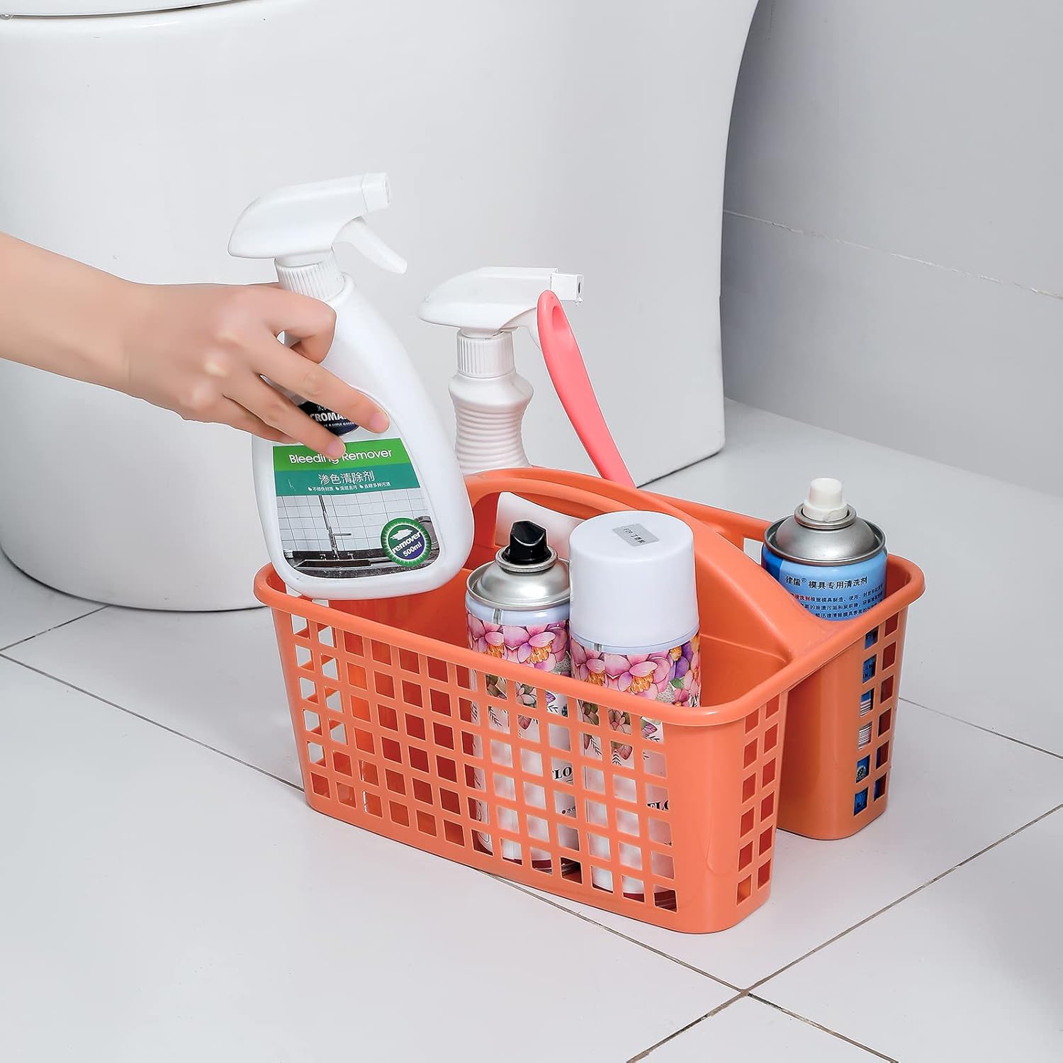 JiatuA Portable Shower Caddy Basket with Compartments Cleaning Supplies Organizer with Handle Plastic Storage Divided Tool Bin for Bathroom, Bedroom, Kitchen, College Dorm, Garden, Under Sink, Orange