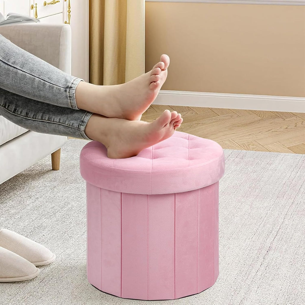 AmasSmile Round Storage Ottoman,14" Folding Velvet Foot Stool,Pink 2 Pack | Ottoman Storage Foot Stool, Petite and Soft Velvet, Thick Foam Cushion, Suitable for Living Room, Bedroom,Dorm,14x13x13in
