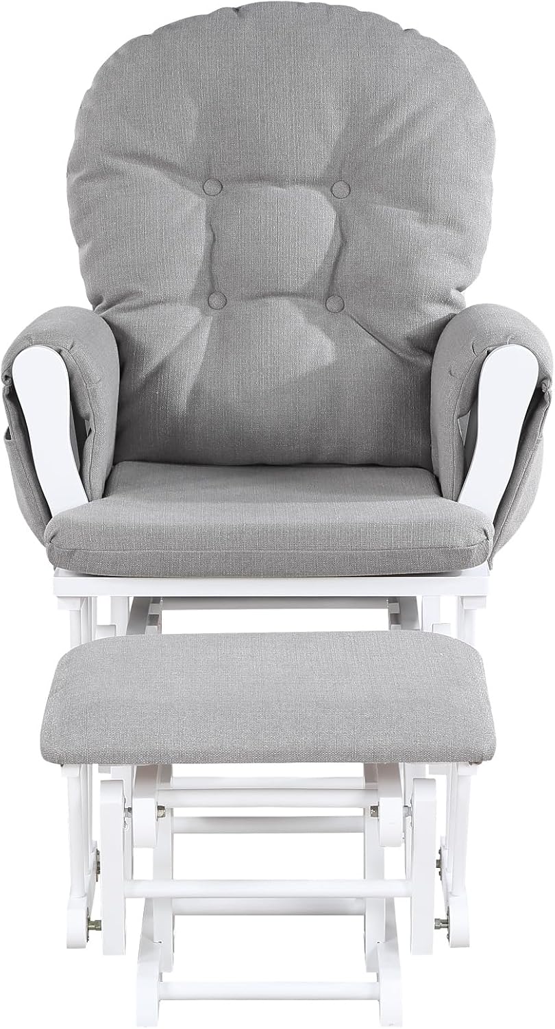 Penau Glider Ottoman, Soft Quiet Gliding, Gray Wood | Nursery Bonding Spot, Soft Gliding Motion, Button Tufted Back, Side Pocket, Matching Ottoman