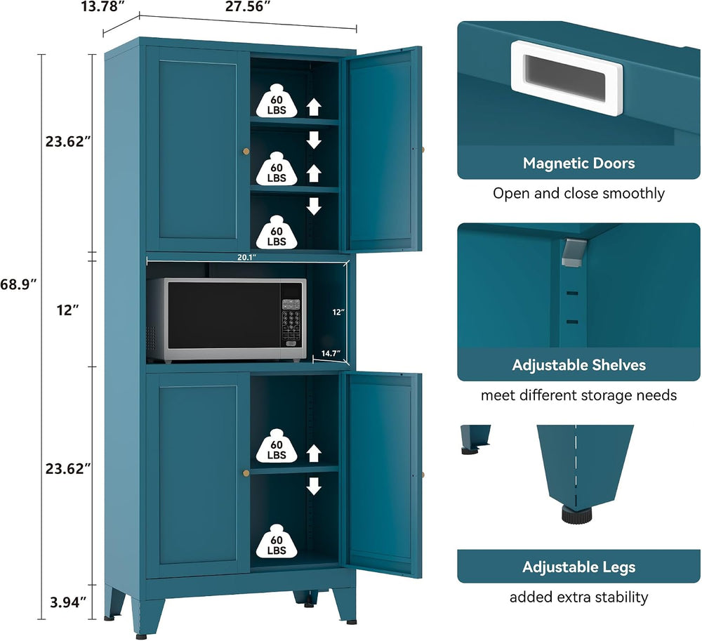 YAUWOH 69" Tall Metal Pantry Cabinet with Microwave Shelf, 4 Doors &...