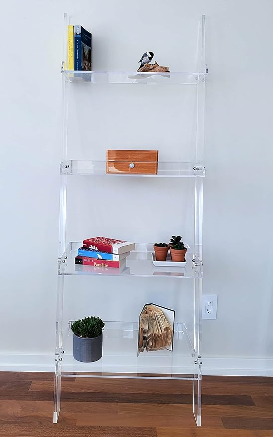 Acrylic Ladder Bookcase – Large Modern Clear Leaning Floating Wall Bookshelf - Standing Decor Display Unit for Open Shelving, Organizer, or Storage in the Living Room, Office, Bedroom, or Bathroom