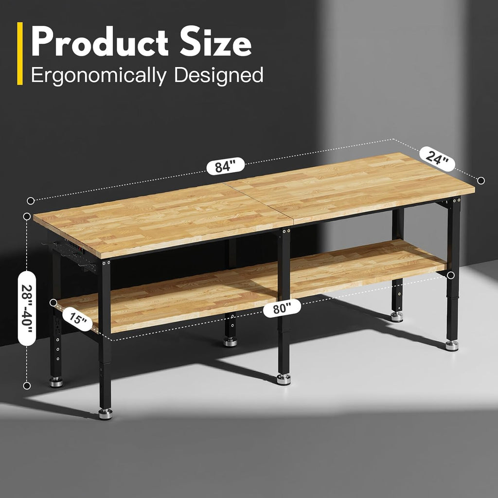 84” Adjustable Work Bench, 2-Layer Heavy Duty Workbench, 6000 LBS Capacity Workbench with Pegboard & Power Outlet, Rubber Wood Work Table for Garage, Office, Workshop, Home