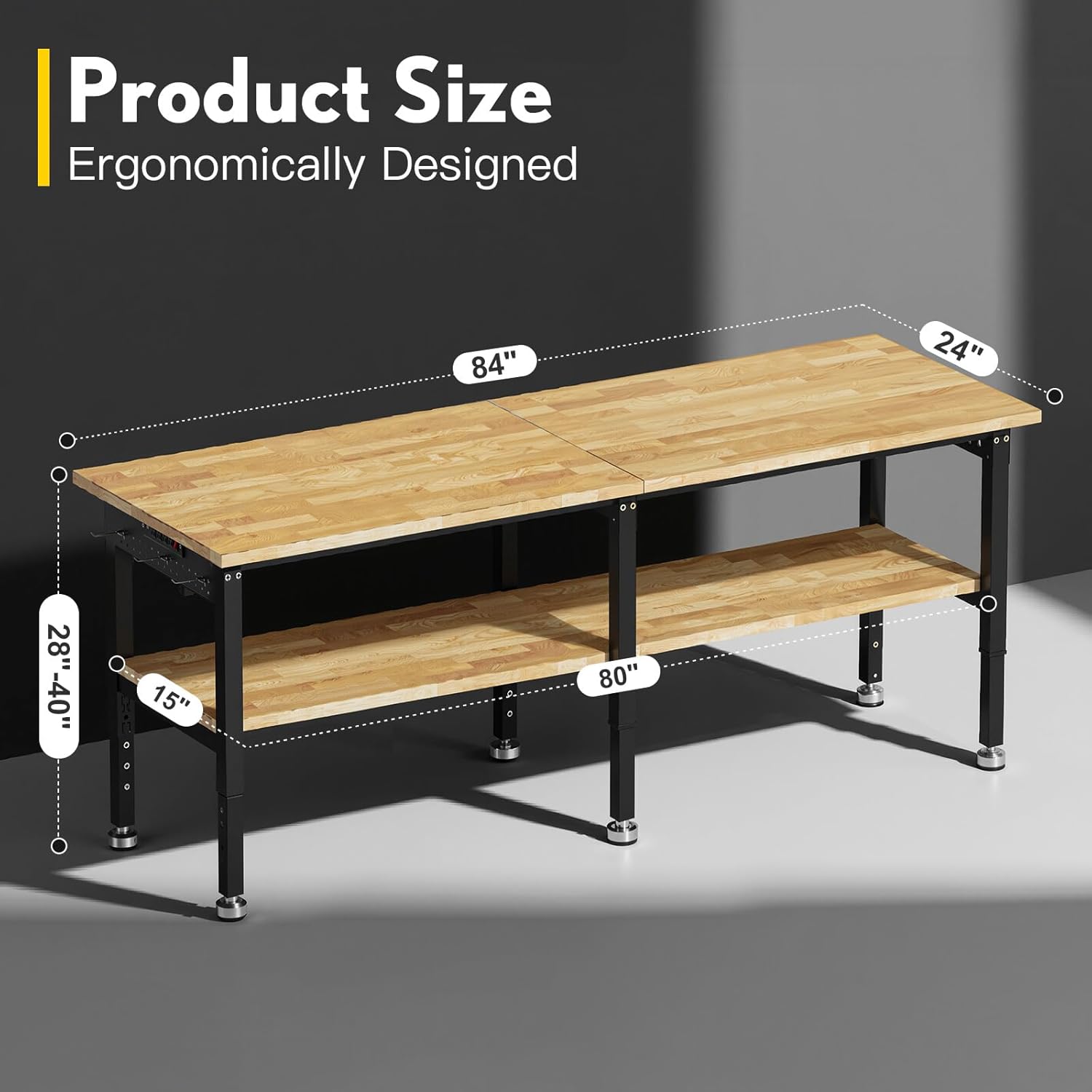 84” Adjustable Work Bench, 2-Layer Heavy Duty Workbench, 6000 LBS Capacity Workbench with Pegboard & Power Outlet, Rubber Wood Work Table for Garage, Office, Workshop, Home