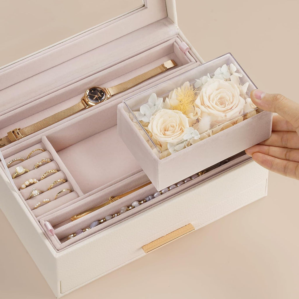 Lolalet Jewelry Organizer with Glass Lid, 2-Layer Jewelry Box Case with Drawer, Earrings Watch Ring Display Storage -Beige