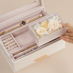 Lolalet Jewelry Organizer with Glass Lid, 2-Layer Jewelry Box Case with Drawer, Earrings Watch Ring Display Storage -Beige