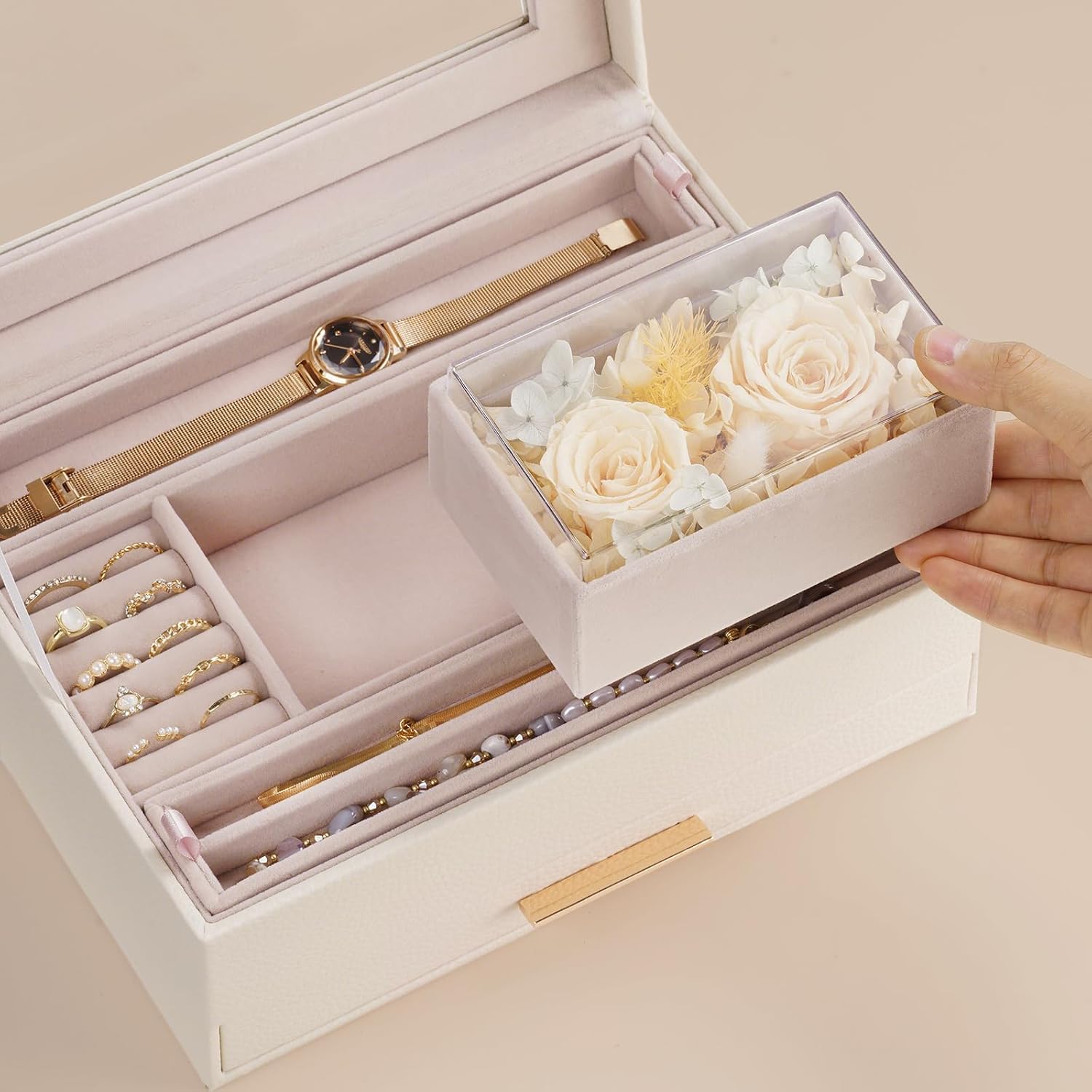 Lolalet Jewelry Organizer with Glass Lid, 2-Layer Jewelry Box Case with Drawer, Earrings Watch Ring Display Storage -Beige