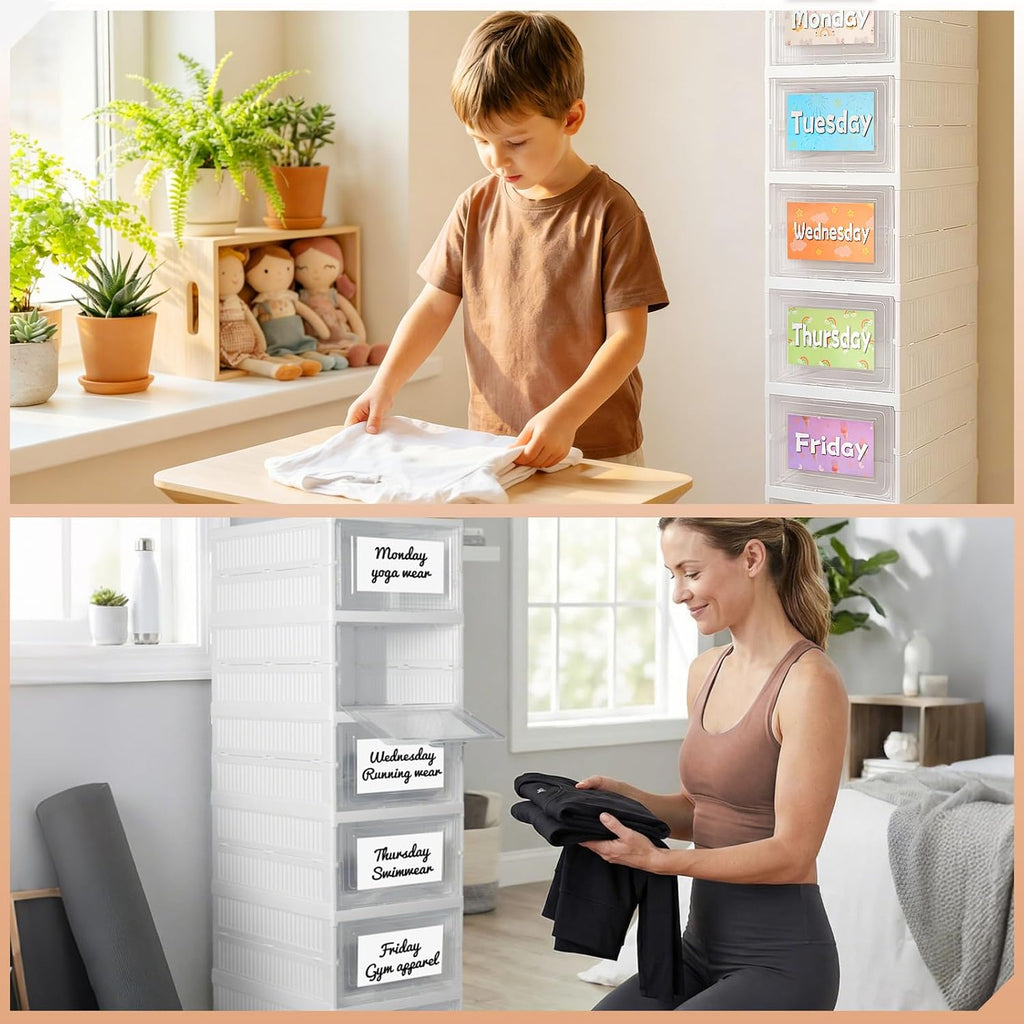 6 Shelf Weekly Clothes Organizer for Kids, Foldable Days of the Week Clothes Organizer with 18 Labels, Monday Through Weekend Essential Stuff Shoe Organizer, Kid Habit & Creativity Training