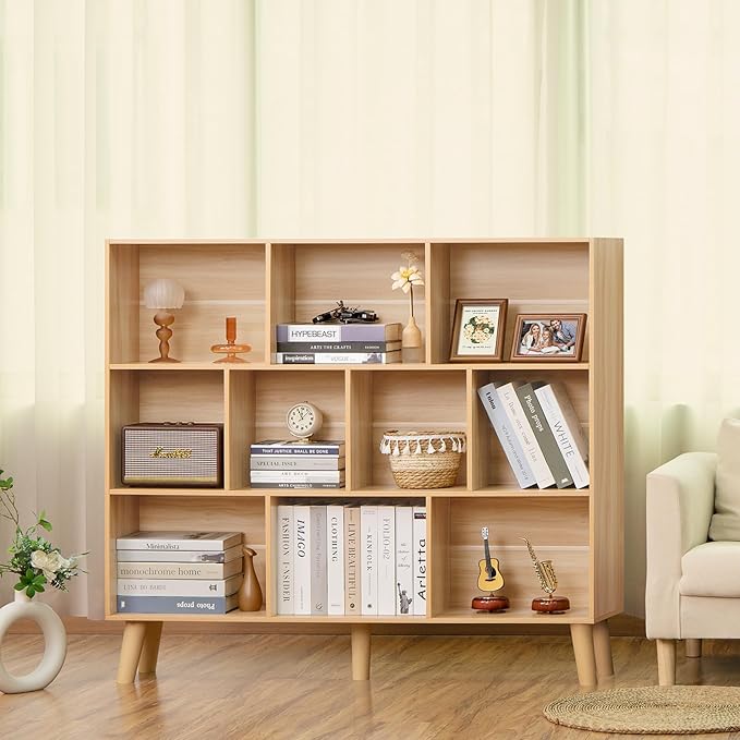 LEYAOYAO 10 Cube Bookshelf,3 Tier Modern Wide Bookcase with Legs,Mid-Century Wood Bookshelves Storage，Natural Large Book Case,Freestanding Organizer Display Shelf for Bedroom,Living Room,Office