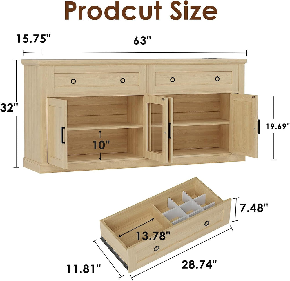 63'' Sideboard Buffet Cabinet with Storage, Modern Storage Cabinet wi...