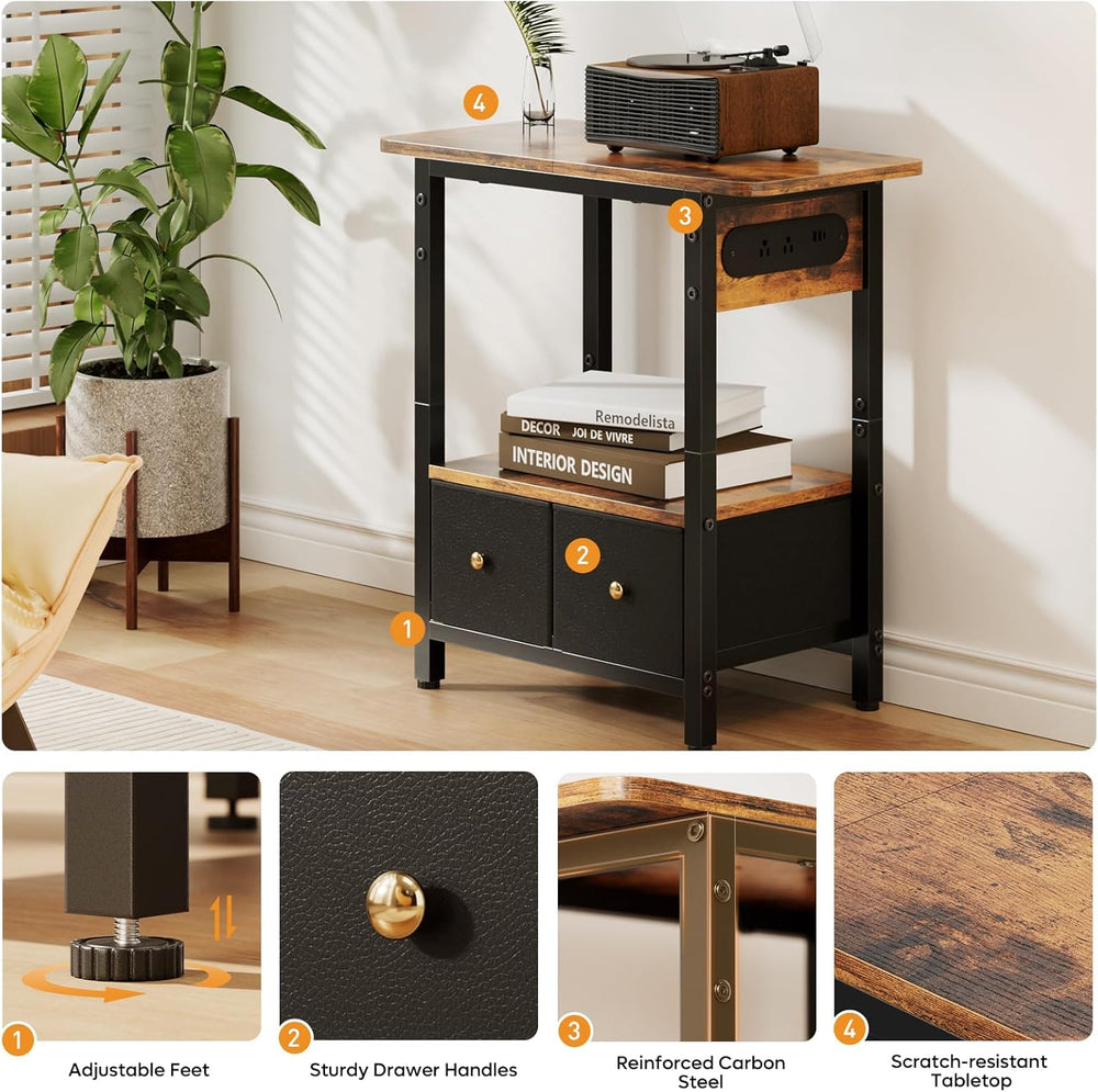 HLDIRECT 24" W End Table with Charging Station & USB Ports (Rustic B...