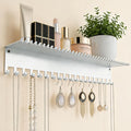 Necklace Jewelry Holder Wall Hanging Organizer Hangers Storage Mounted Shelf with 56 Hooks Tray Display Girls Women Metal Door Earring Mount Key Chains Rack White