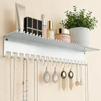 Necklace Jewelry Holder Wall Hanging Organizer Hangers Storage Mounted Shelf with 56 Hooks Tray Display Girls Women Metal Door Earring Mount Key Chains Rack White