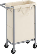 SONGMICS Laundry Basket with Wheels, Rolling Laundry Hamper, 23.8 Gallons (90 L), Removable Liner, Steel Frame with Handle, 24 x 11.4 x 31.9 Inches, Cream White URLS003W01