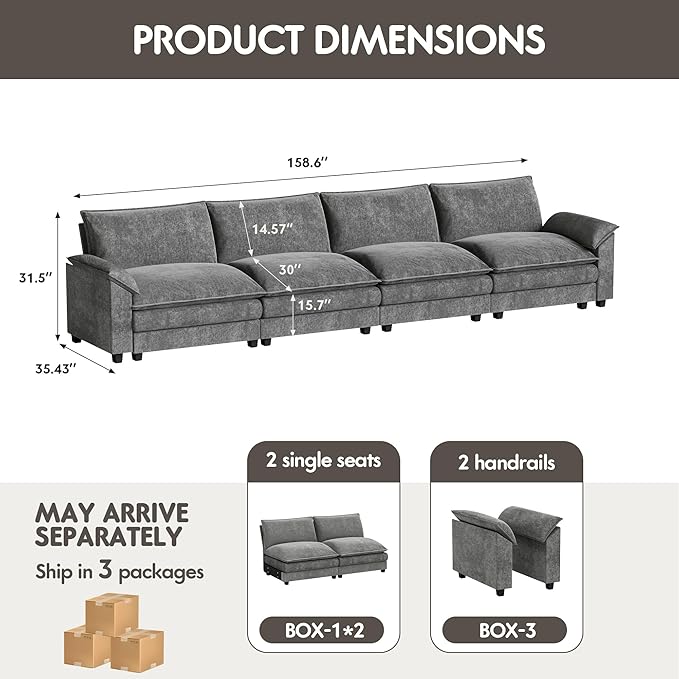 Homall 159" Modular Sectional Sofa, Linear Sofa Couch with Double-Layer Cushion, DIY Combination Chenille Deep 4-Seat Cloud Couch for Living Room, Apartment (Light Grey, Linear Sofa)