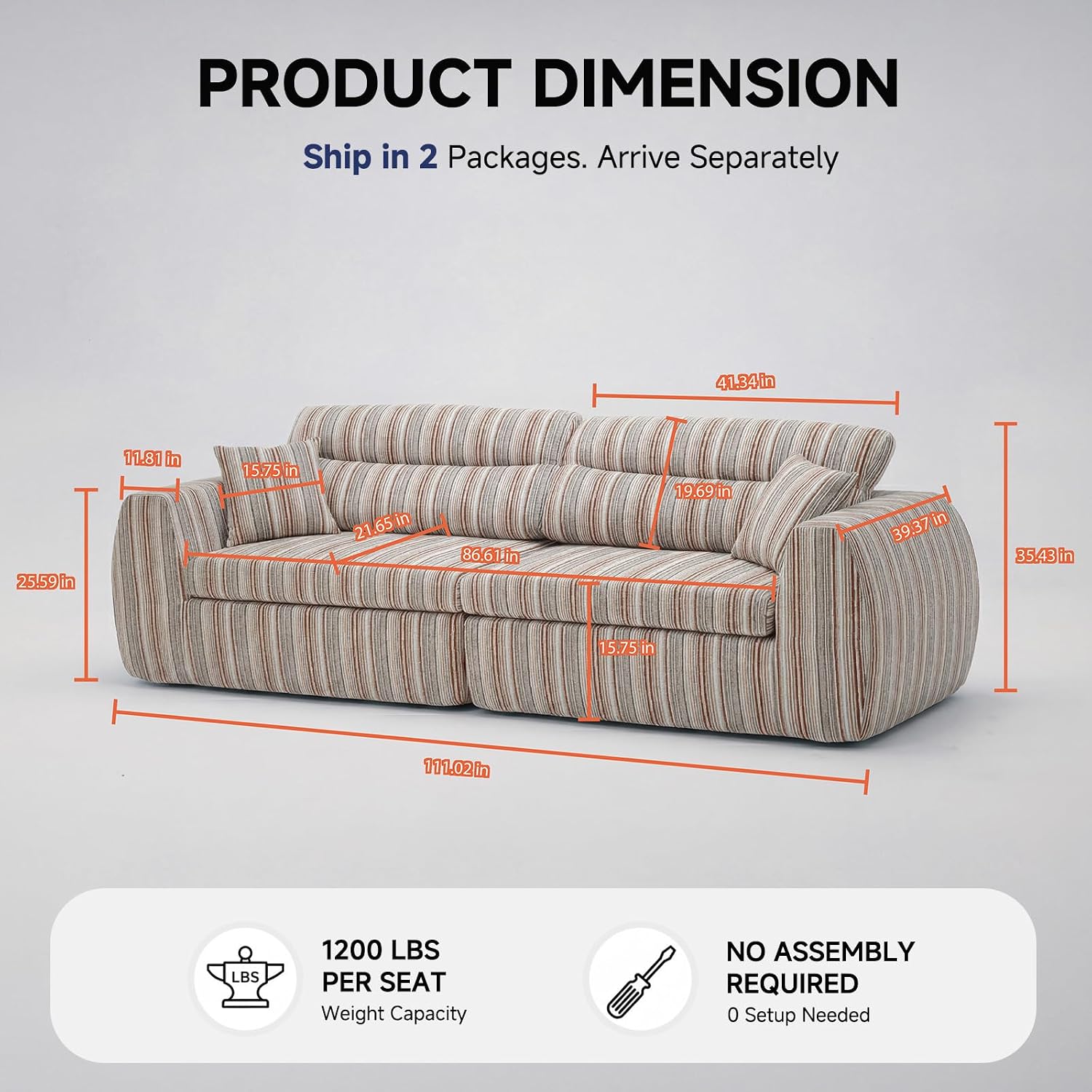 111" Chenille Woven Convertible Sofa Bed Boneless Couch High Backrest | No Assembly Couch in a Box, Modular Sectional Sleeper Sofa for Living Room,Bedroom,Office,King Size Compressed Sofa