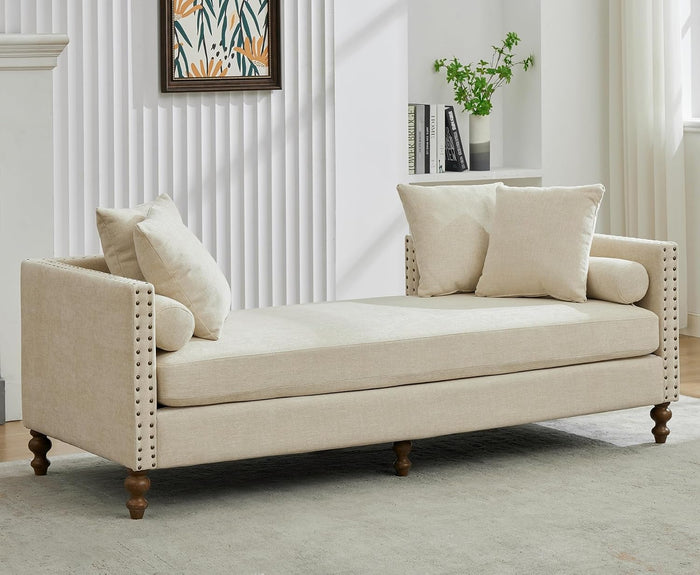 KEIKI 75" Chenille Indoor Chaise Lounge Chair with 4 Pillows, 2 Bolsters & Nailheads, Upholstered Sleeper Sofa Couch Day Bed, Rubber Wood Legs Daybed Recliner Bench for Living Room Bedroom Apartment