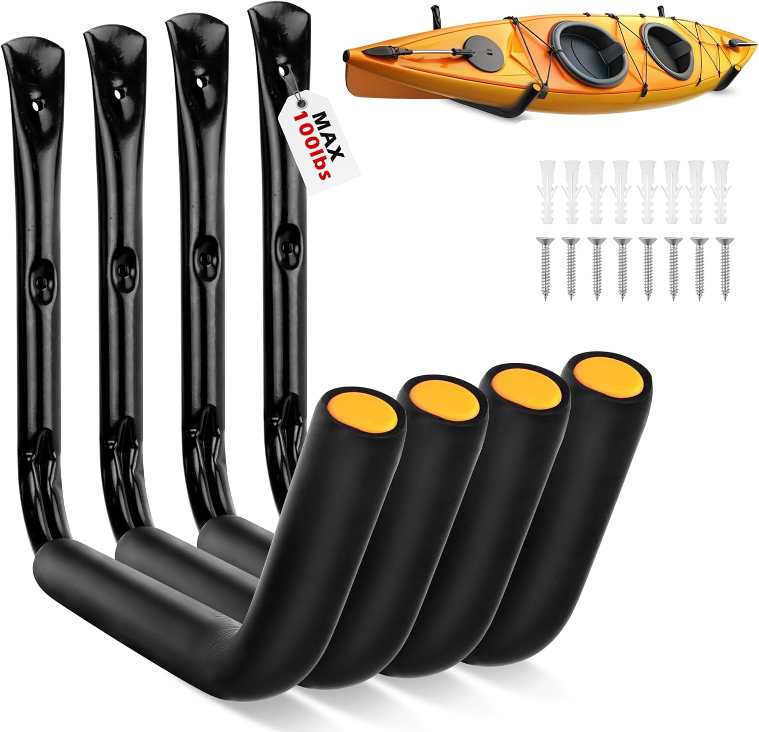 SEDY 4-Piece 15" 100 Lbs Heavy Duty Garage Storage Hooks, Kayak Storage Rack Garage Hooks Jumbo Arm Kayak Wall Mount for Hanging Surfboard Snowboard Paddle Board Ladders Bikes