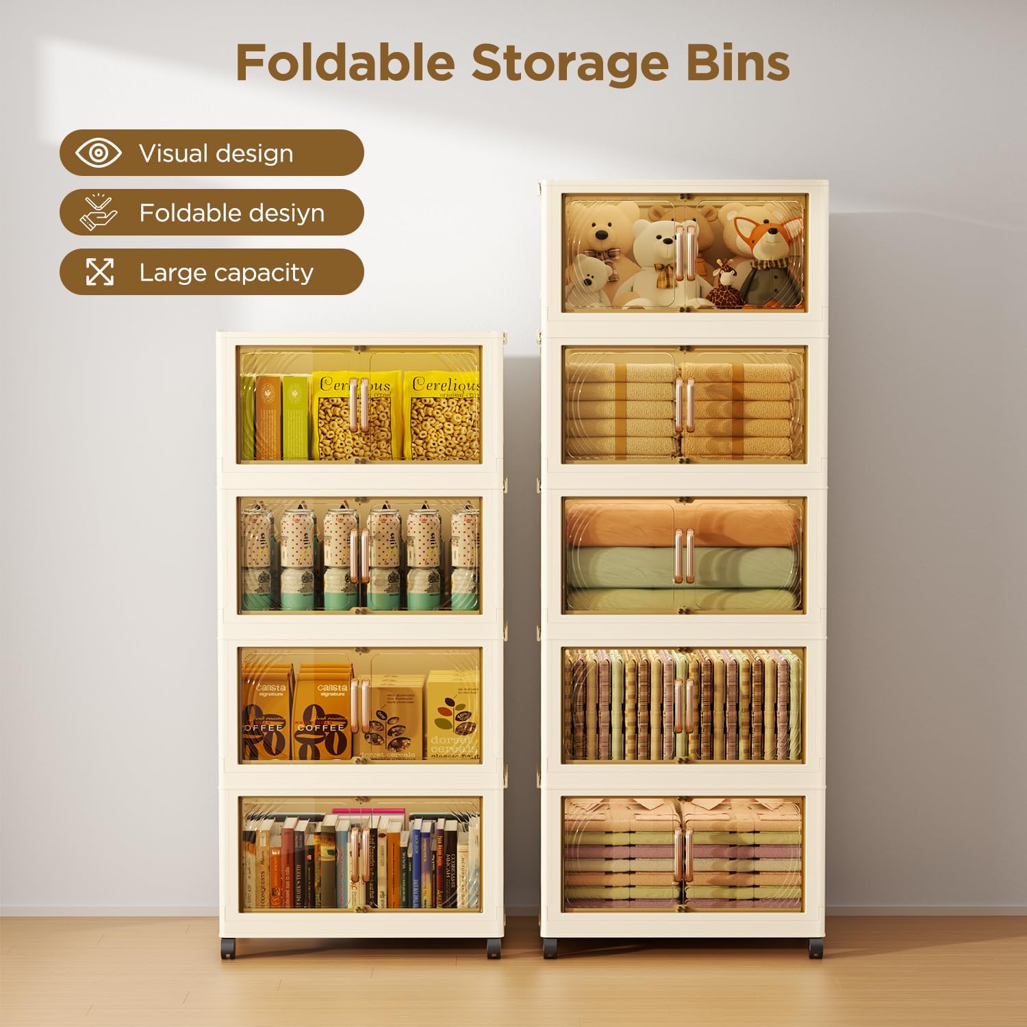 102QT Plastic 5 Tier Storage Bins with Lids,Folding Storage Box with Doors and Wheels Stackable Storage Bins,Closet Organizers and Storage for Living Room,Office,Dorm