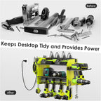 CCCEI Modular Power Tool Organizer Wall Mount Charging Station, Green 6 Drills Holder with 8 Plug Power Strip 10FT, Garage Drill Battery Heavy Duty Metal Shelf, Utility Rack with Hooks, Side Storage.