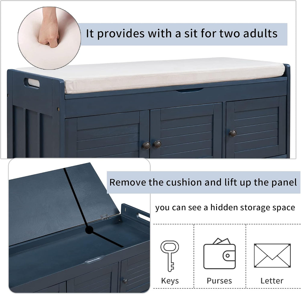 Storage Bench with 3 Shutter-Shaped Doors, Wood Shoe Bench with Removable Cus...